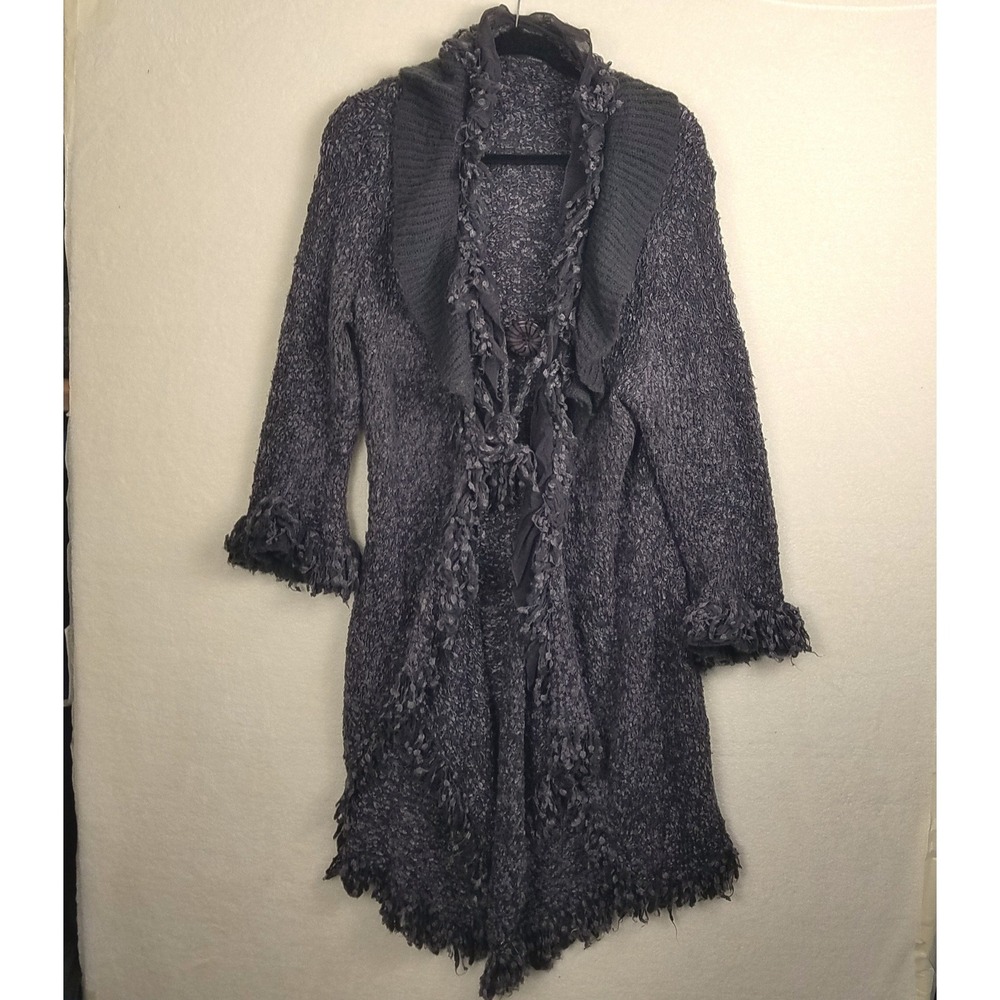 Pretty Angel W xl Textured Knit maxi‎ Duster Cardigan purple Gray Fringe boho
